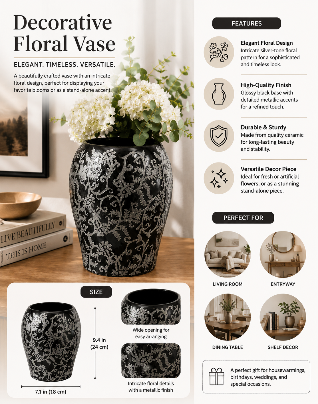 Decorative Charcoal Ceramic Vase with Botanical Pattern