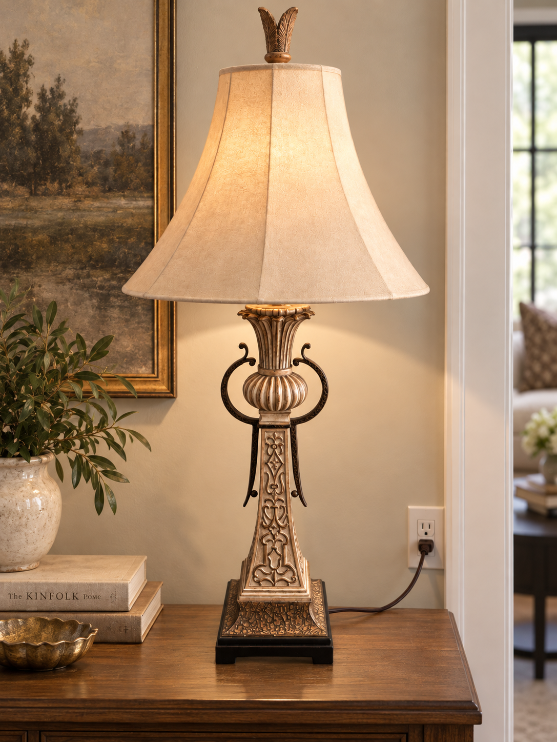 Ornate Antique-Style Bronze & Champagne Table Lamp with Fabric Bell Shade