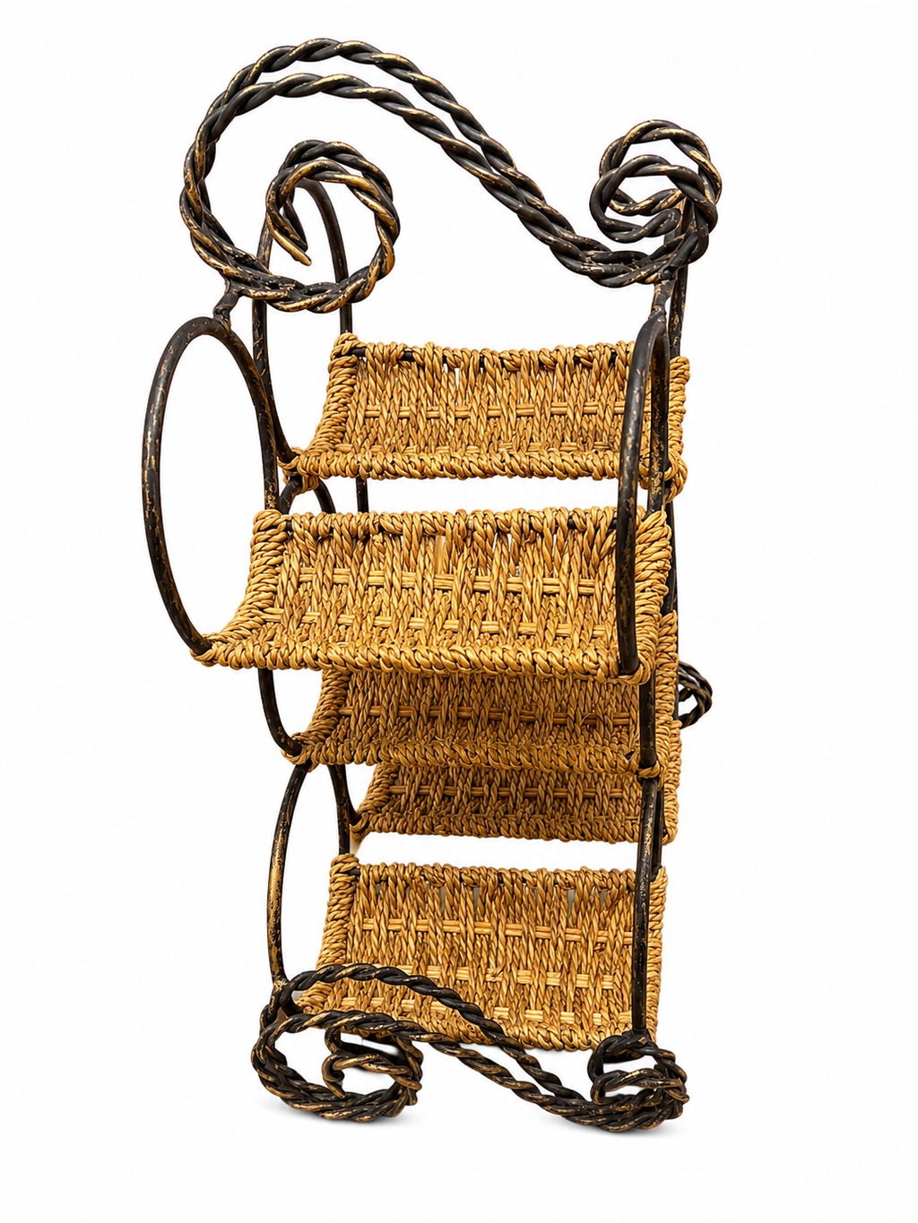 Rustic Woven 5-Bottle Wine Rack with Twisted Metal Frame