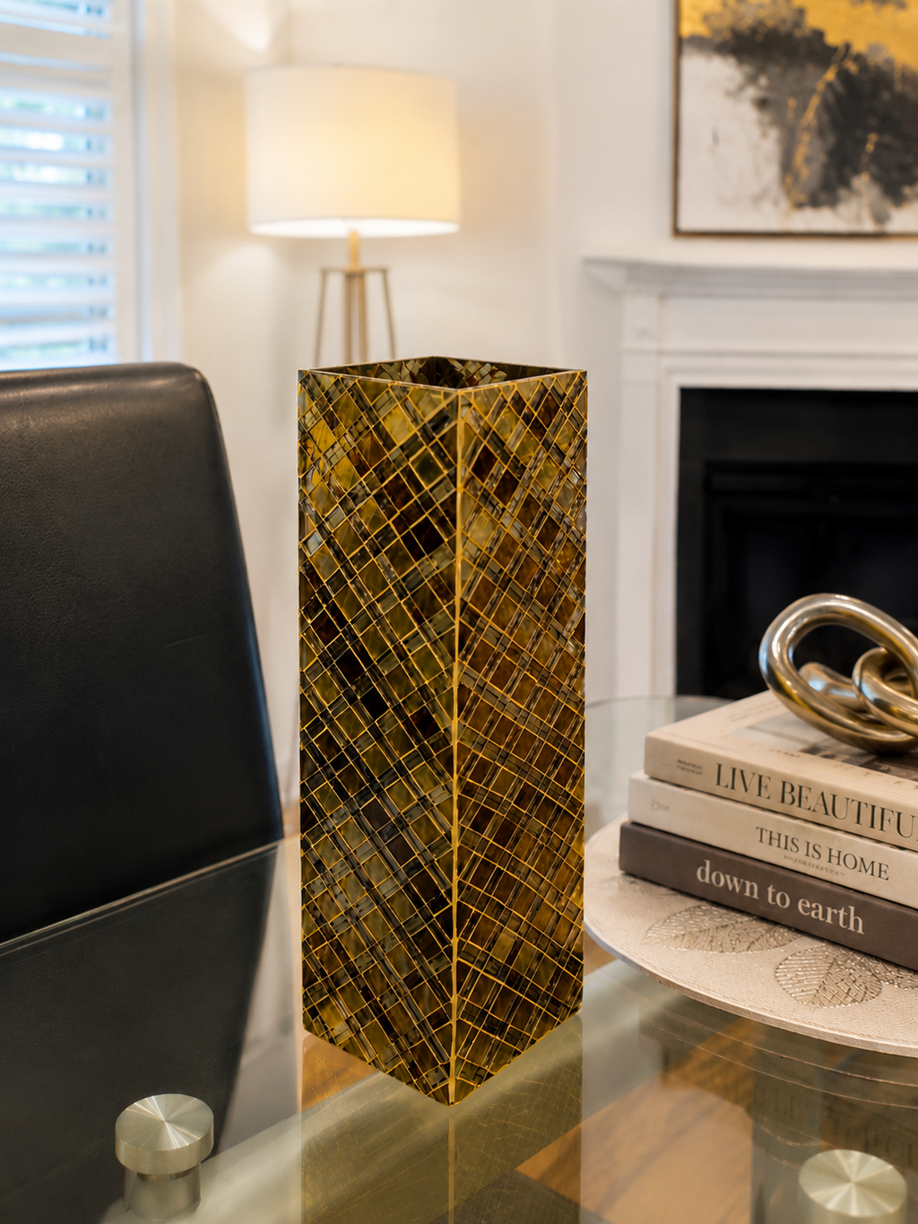 Tall Gold Mosaic Decorative Vase – Handcrafted Mirrored Glass Accent