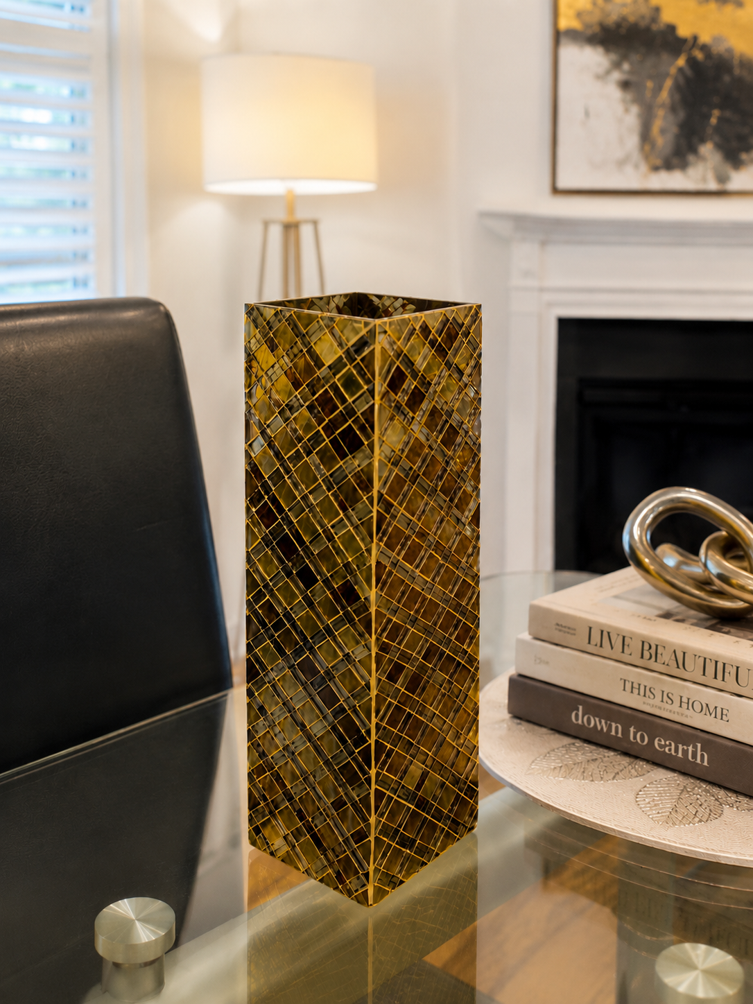 Tall Gold Mosaic Decorative Vase – Handcrafted Mirrored Glass Accent