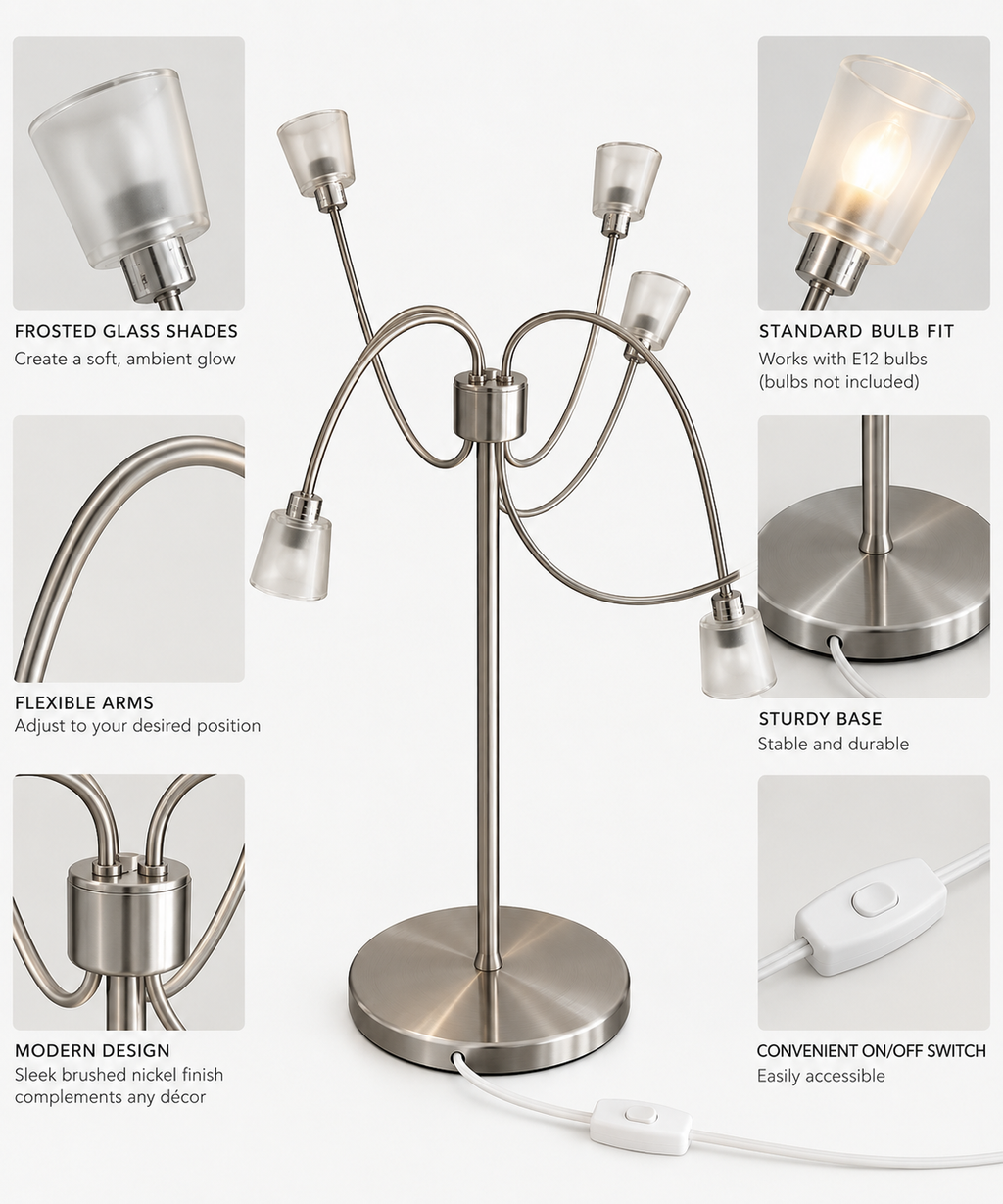 Modern Brushed Nickel 6-Light Flexible Arm Table Lamp
