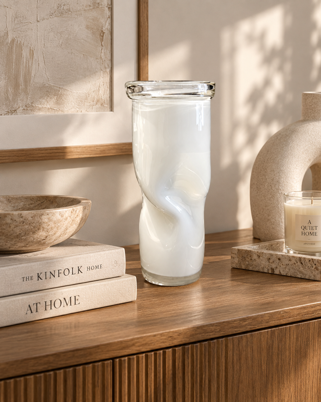 Sculptural White Art Glass Twist Vase