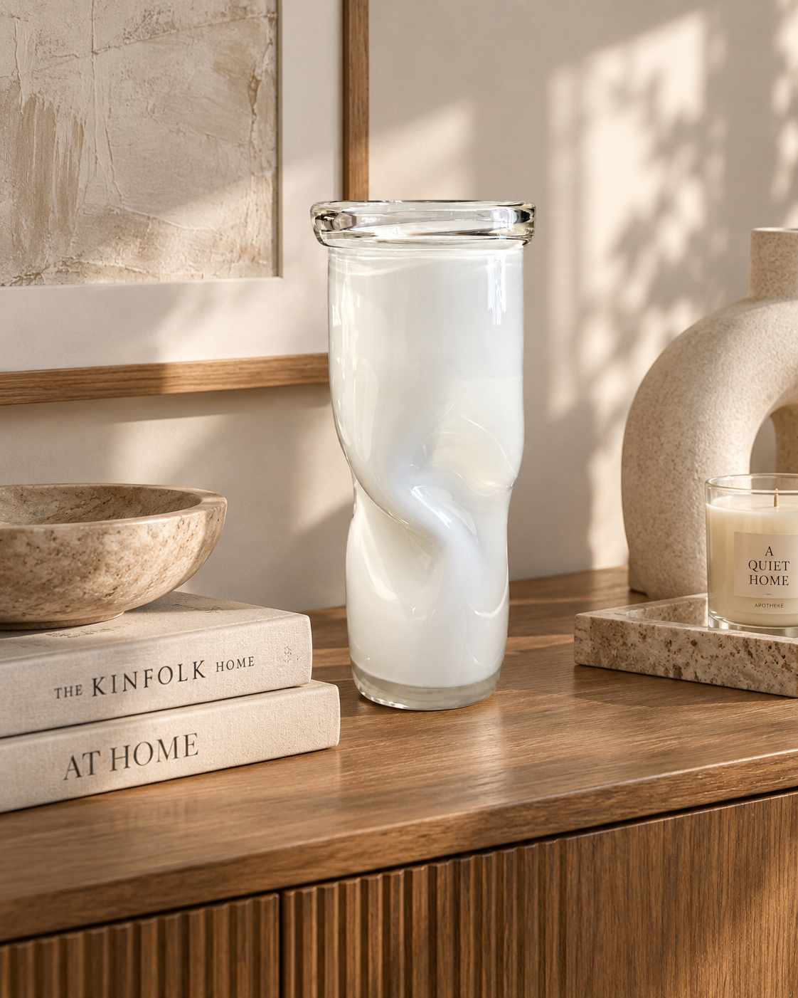 Sculptural White Art Glass Twist Vase