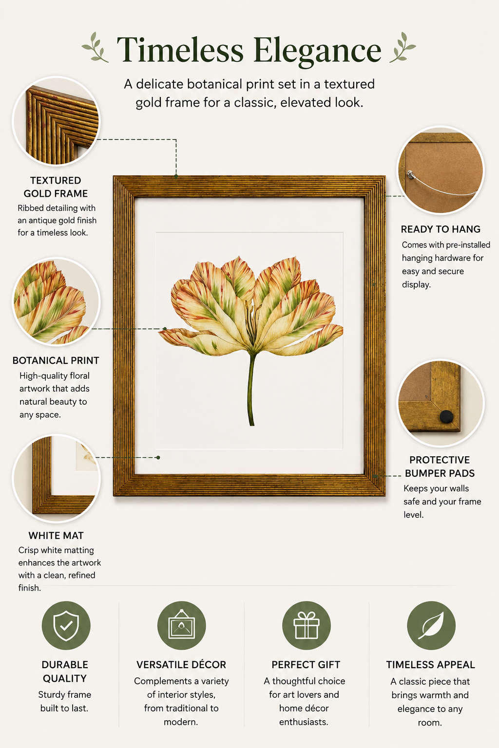 Framed Botanical Tulip Wall Art – Textured Antique Gold Frame