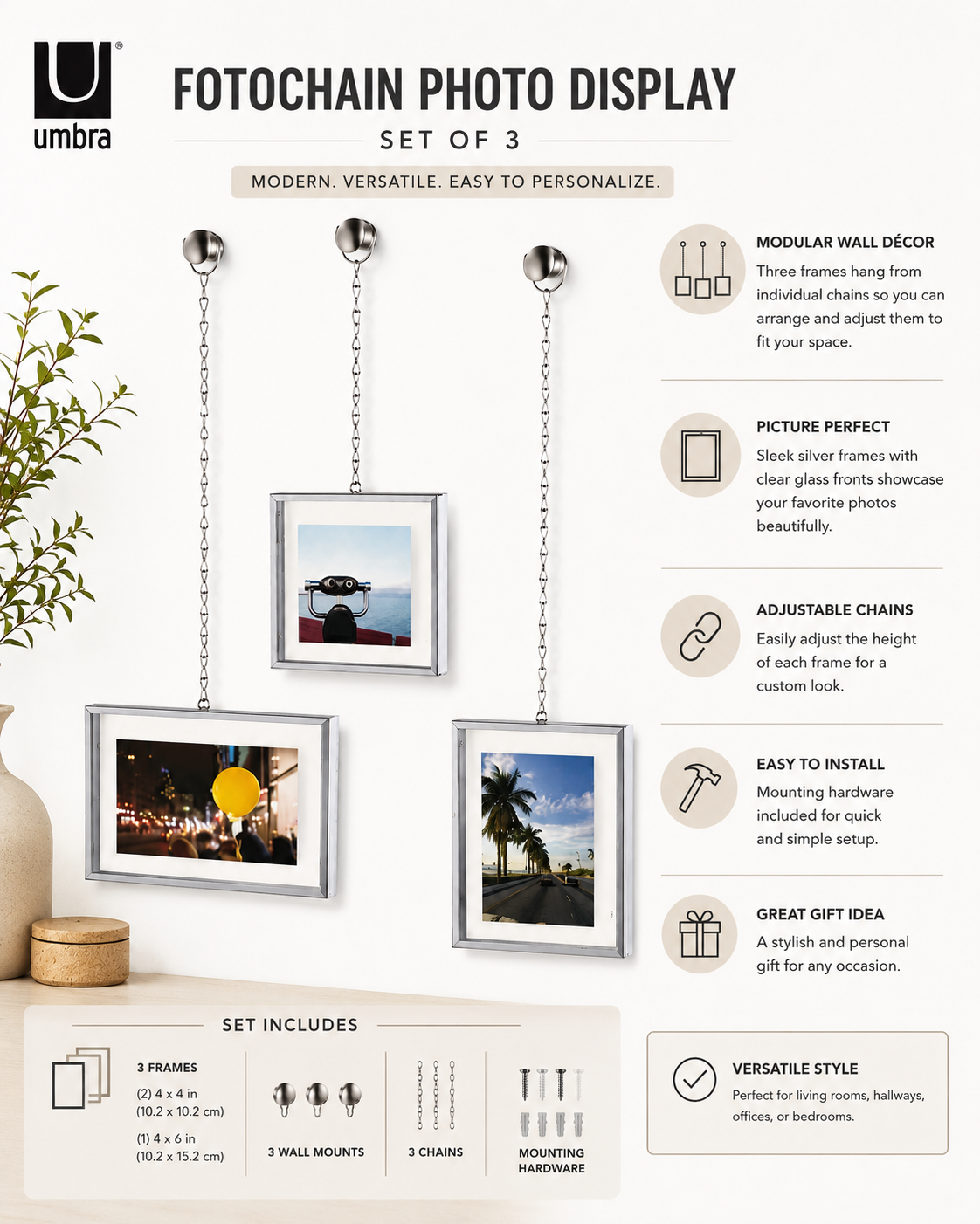 Umbra Fotochain Hanging Photo Display – Set of 3 Floating Picture Frames with Metal Chains | Modern Wall Photo Display