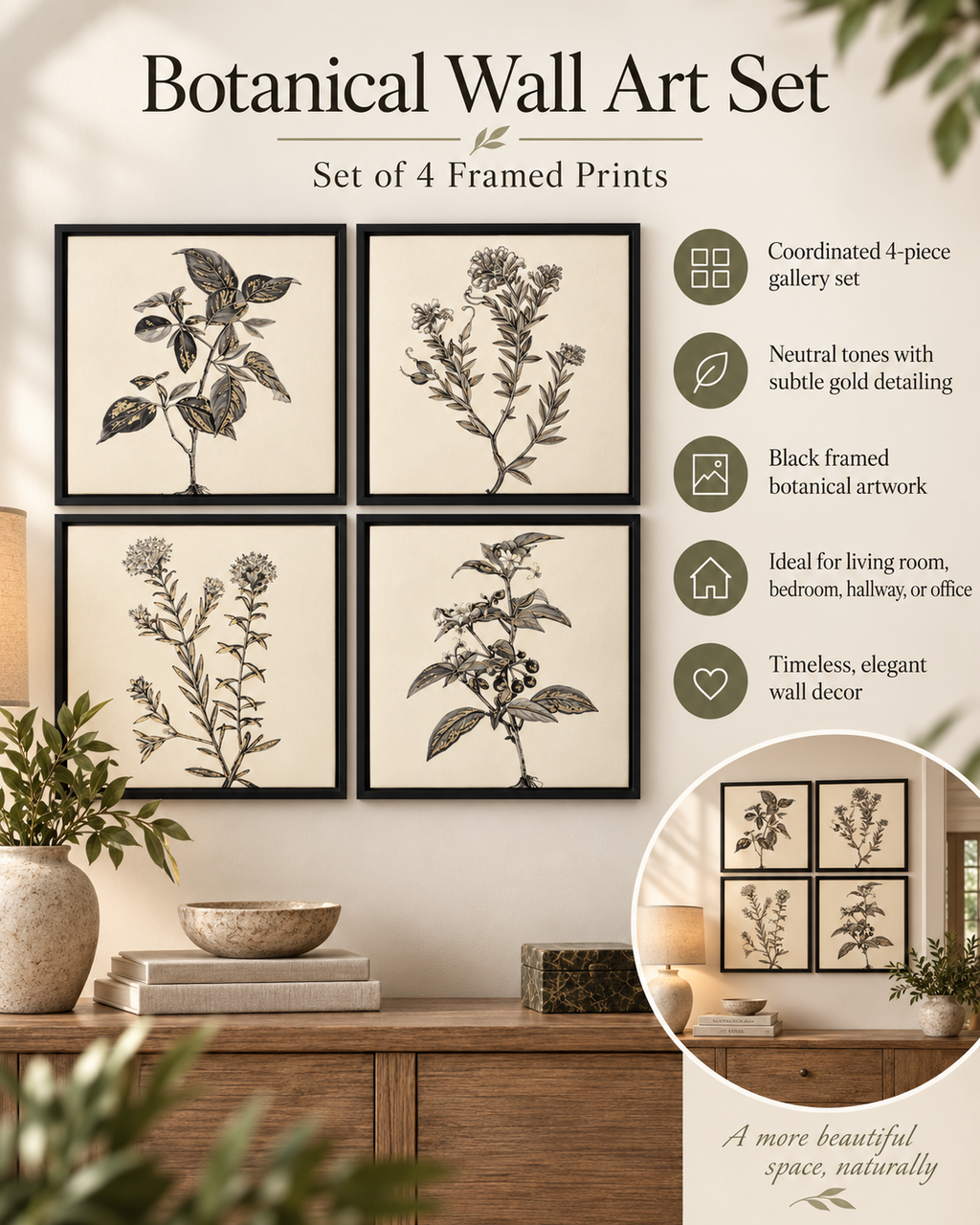 Botanical Wall Art Set – 4 Coordinated Framed Prints