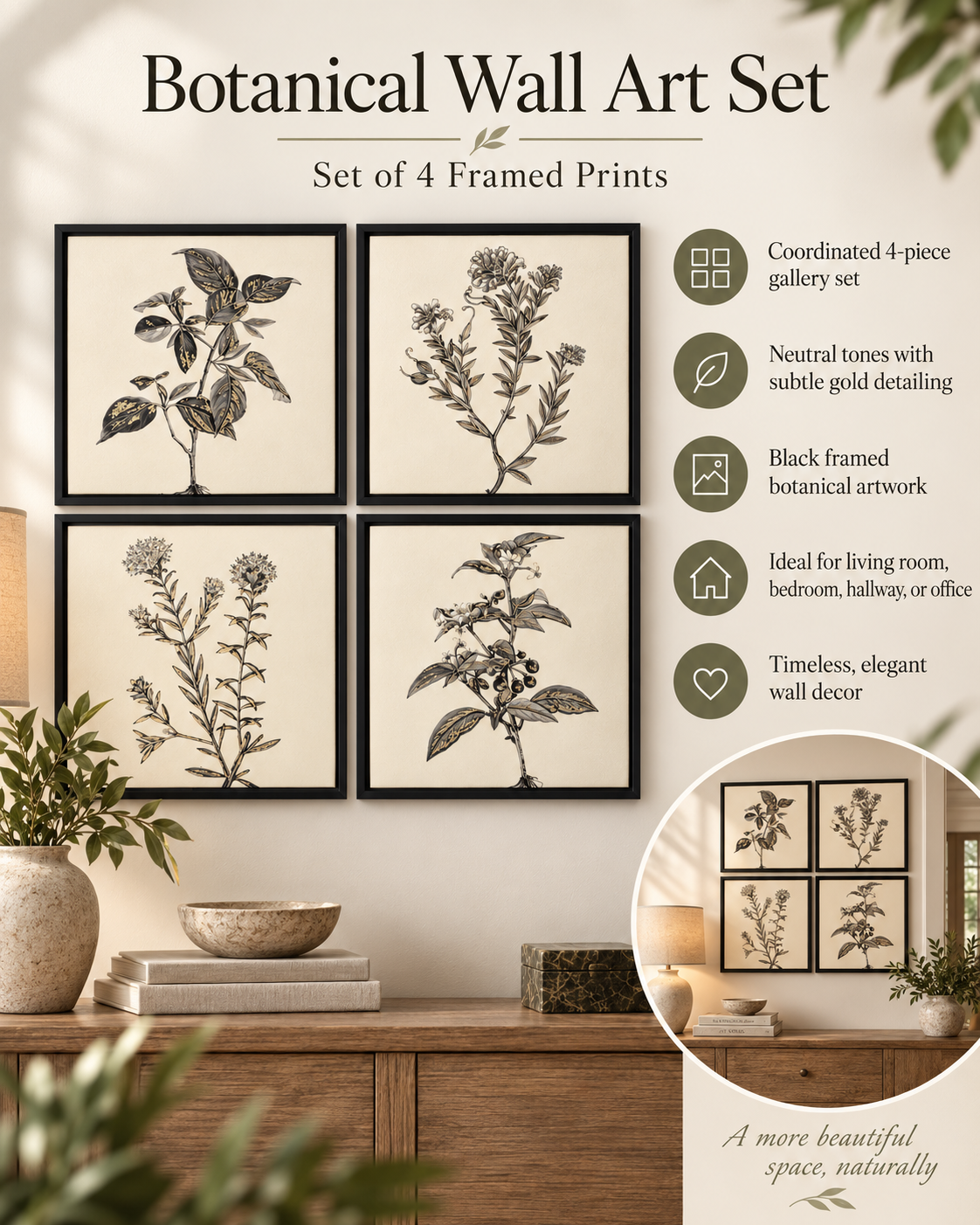 Botanical Wall Art Set – 4 Coordinated Framed Prints