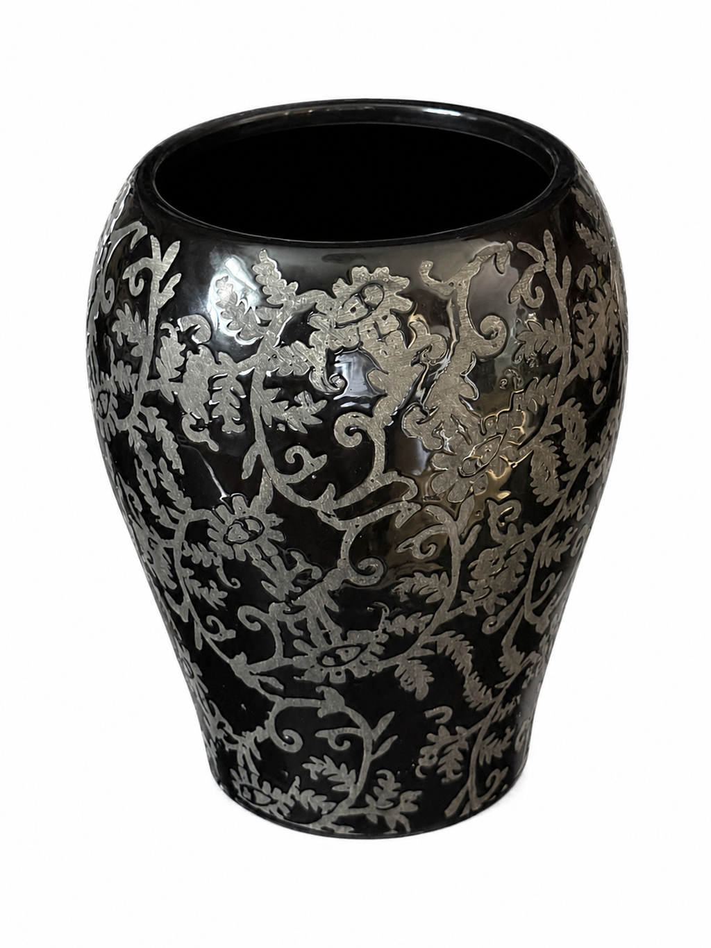 Decorative Charcoal Ceramic Vase with Botanical Pattern