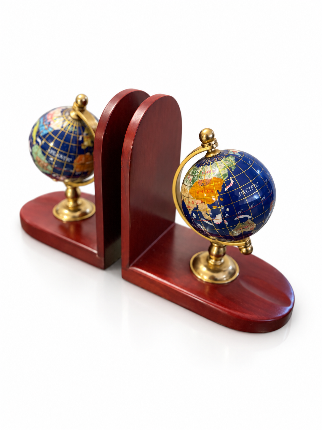 Vintage Globe Bookends – Mahogany Wood & Brass-Tone Set