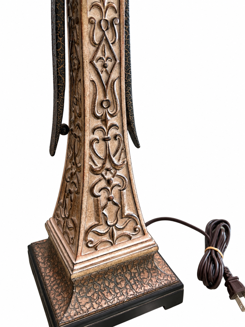 Ornate Antique-Style Bronze & Champagne Table Lamp with Fabric Bell Shade