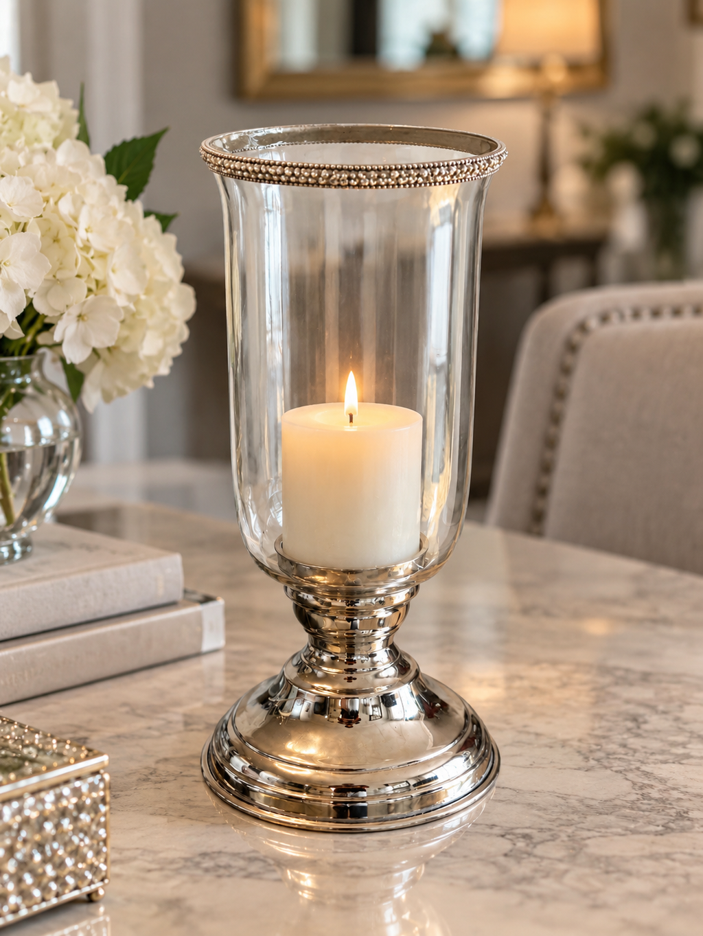 Silver & Glass Hurricane Candle Holder with Beaded Rim