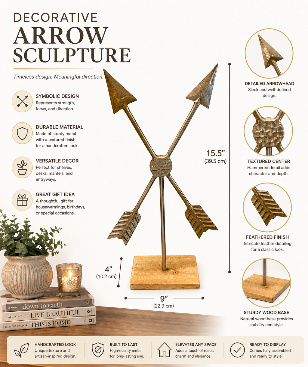 Decorative Crossed Arrow Metal Sculpture on Wooden Base