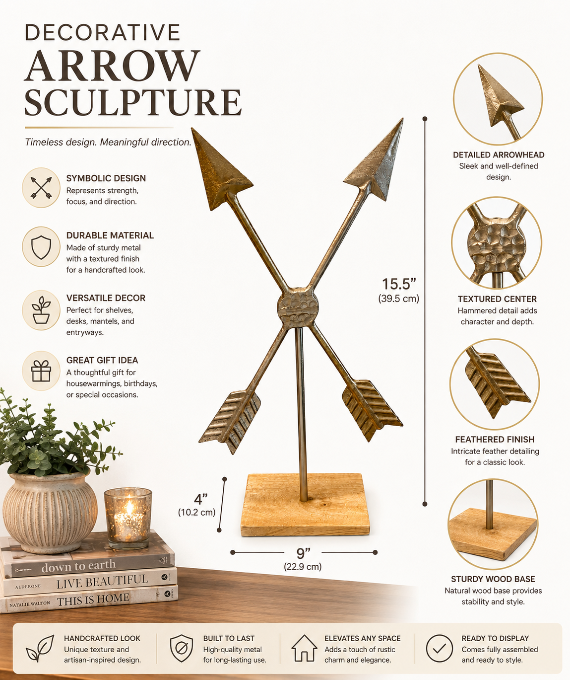 Decorative Crossed Arrow Metal Sculpture on Wooden Base