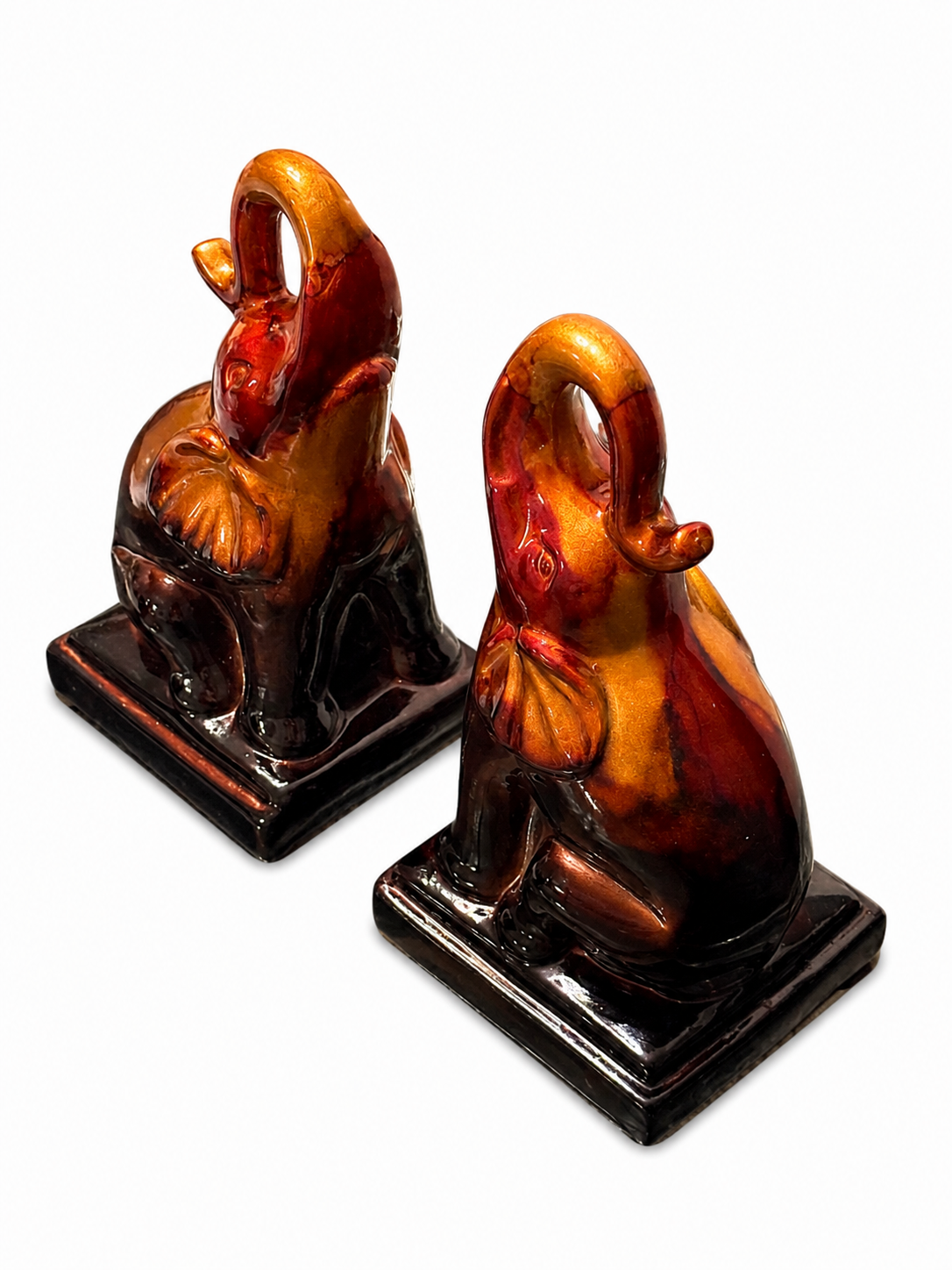Vintage Ceramic Elephant Bookends – Glossy Amber & Brown Decorative Bookend Set (Pair)