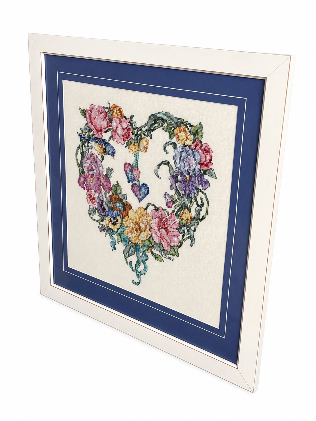 Handcrafted Floral Heart Cross-Stitch Framed Wall Art