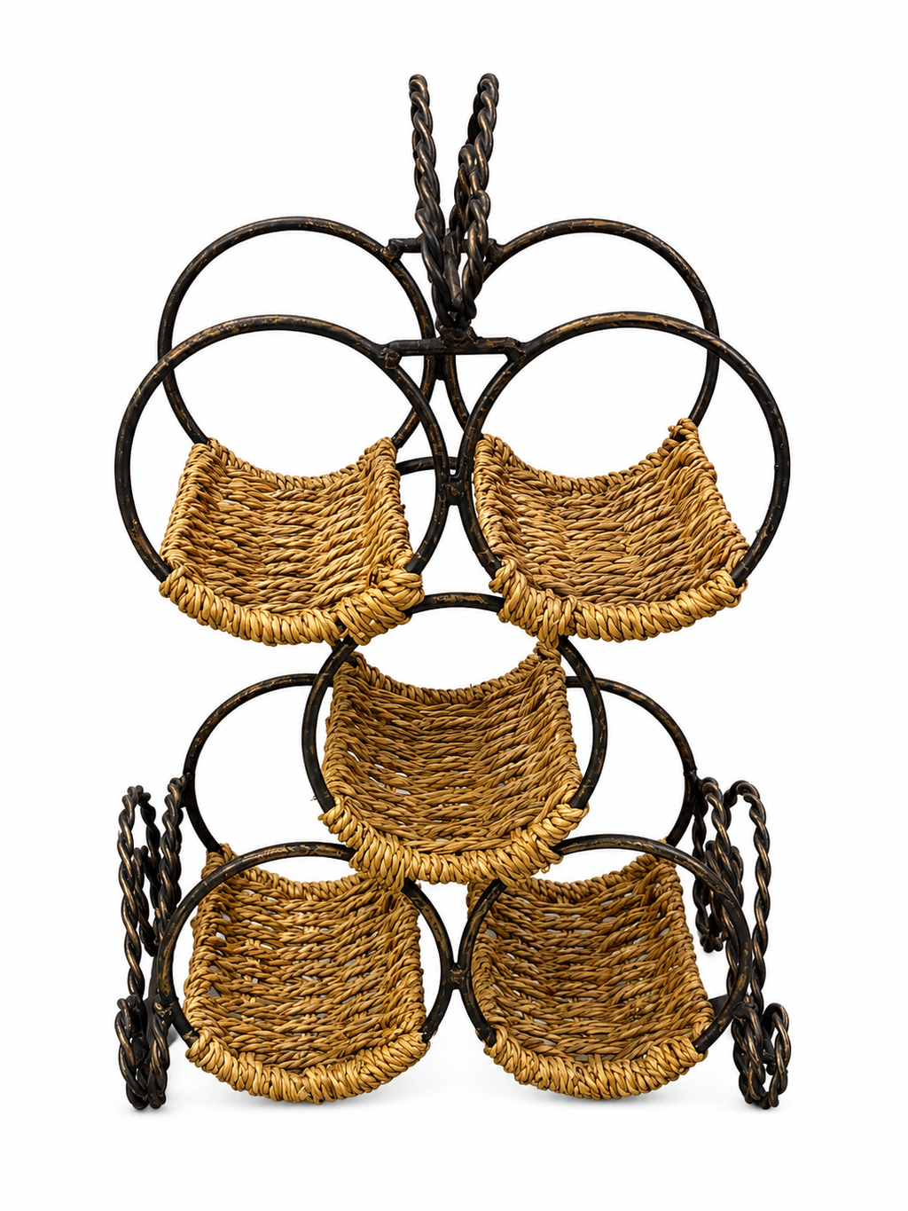 Rustic Woven 5-Bottle Wine Rack with Twisted Metal Frame