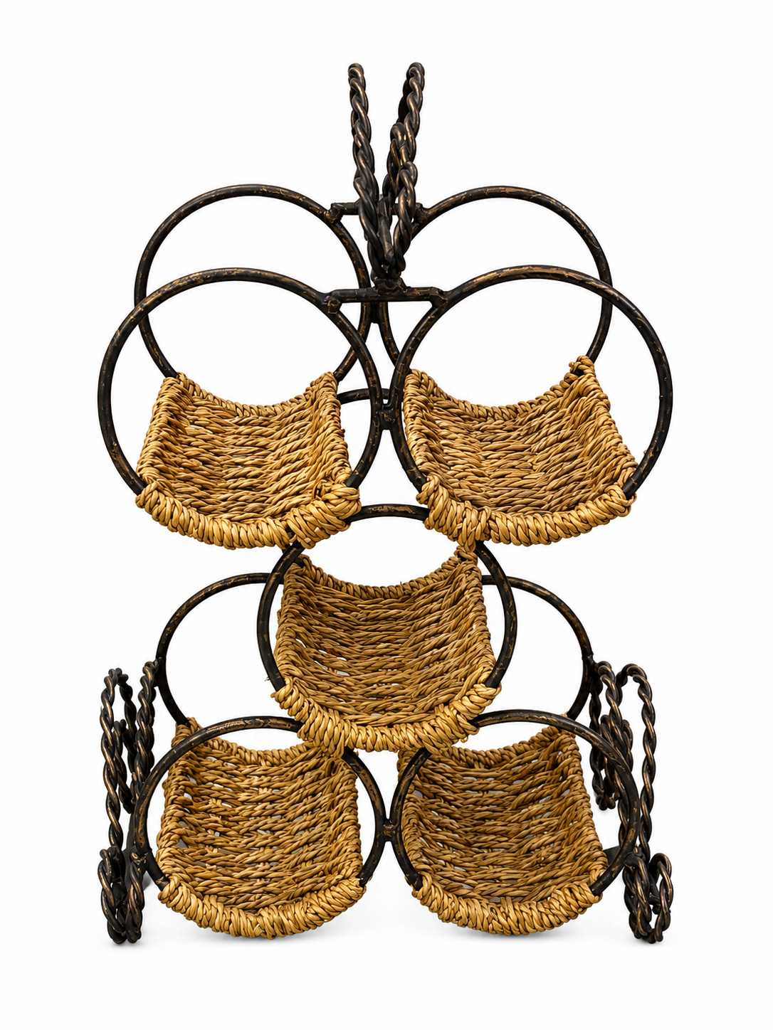 Rustic Woven 5-Bottle Wine Rack with Twisted Metal Frame