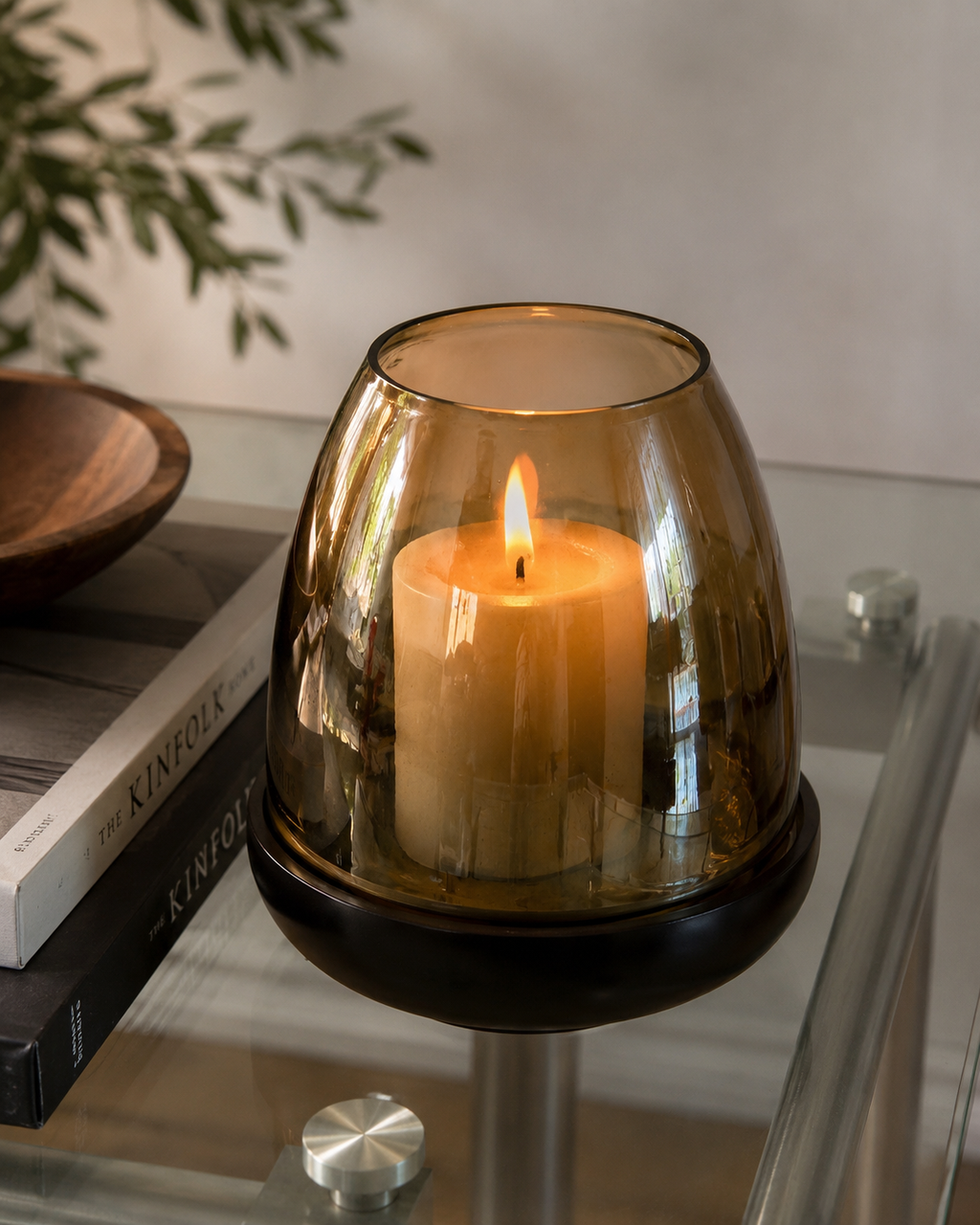 Smoked Amber Glass Candle Lantern with Dark Wood-Look Base