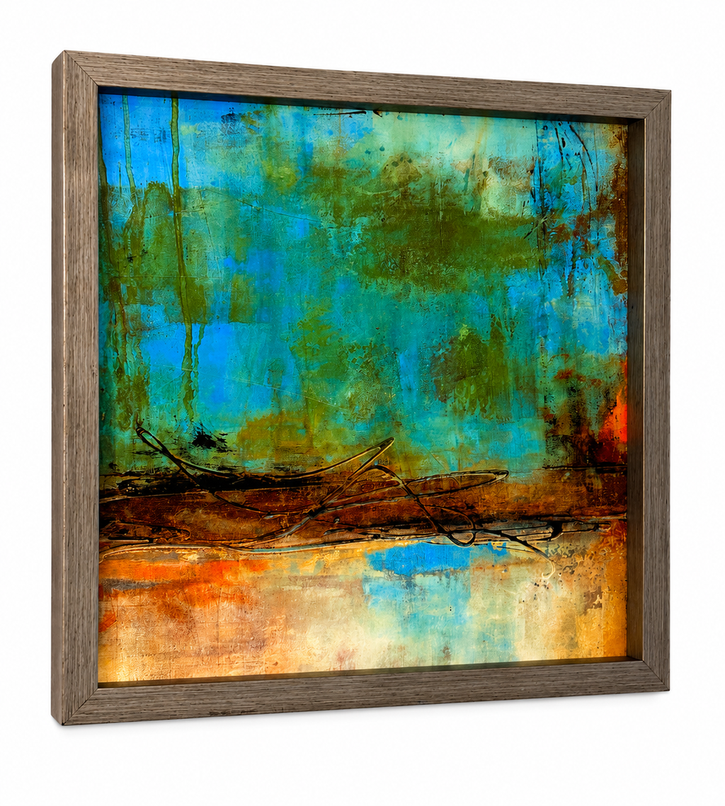 Framed Abstract Wall Art Print – Modern Blue & Earth Tone Artwork with Espresso Finish Frame