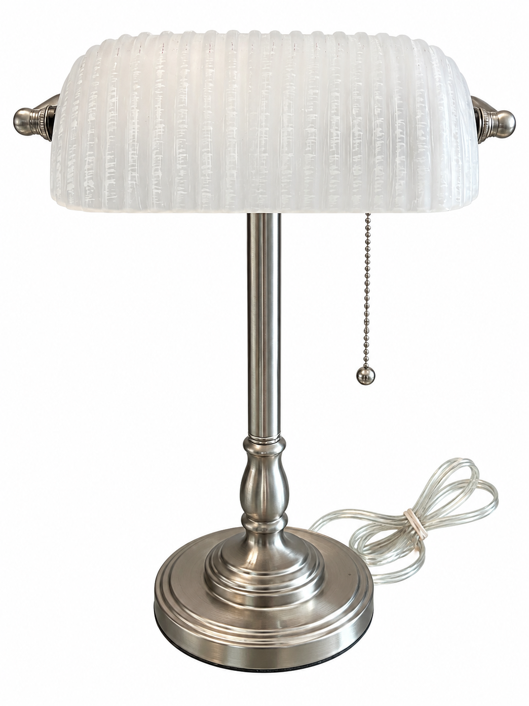 Brushed Nickel Banker Lamp with Textured Glass Shade