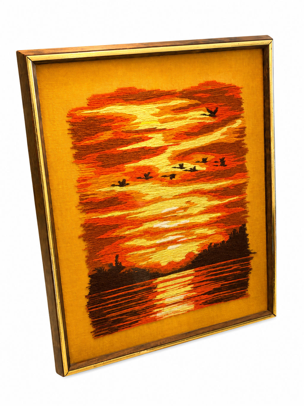 Vintage Sunset Crewel Embroidery Wall Art