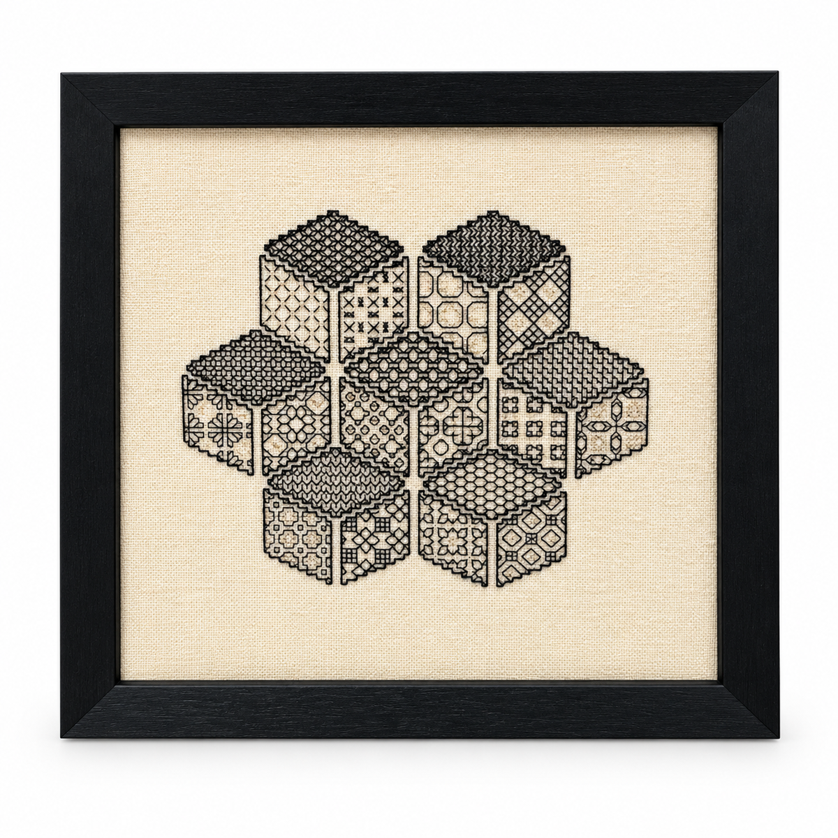 Framed Geometric Textile Art – Black & Natural