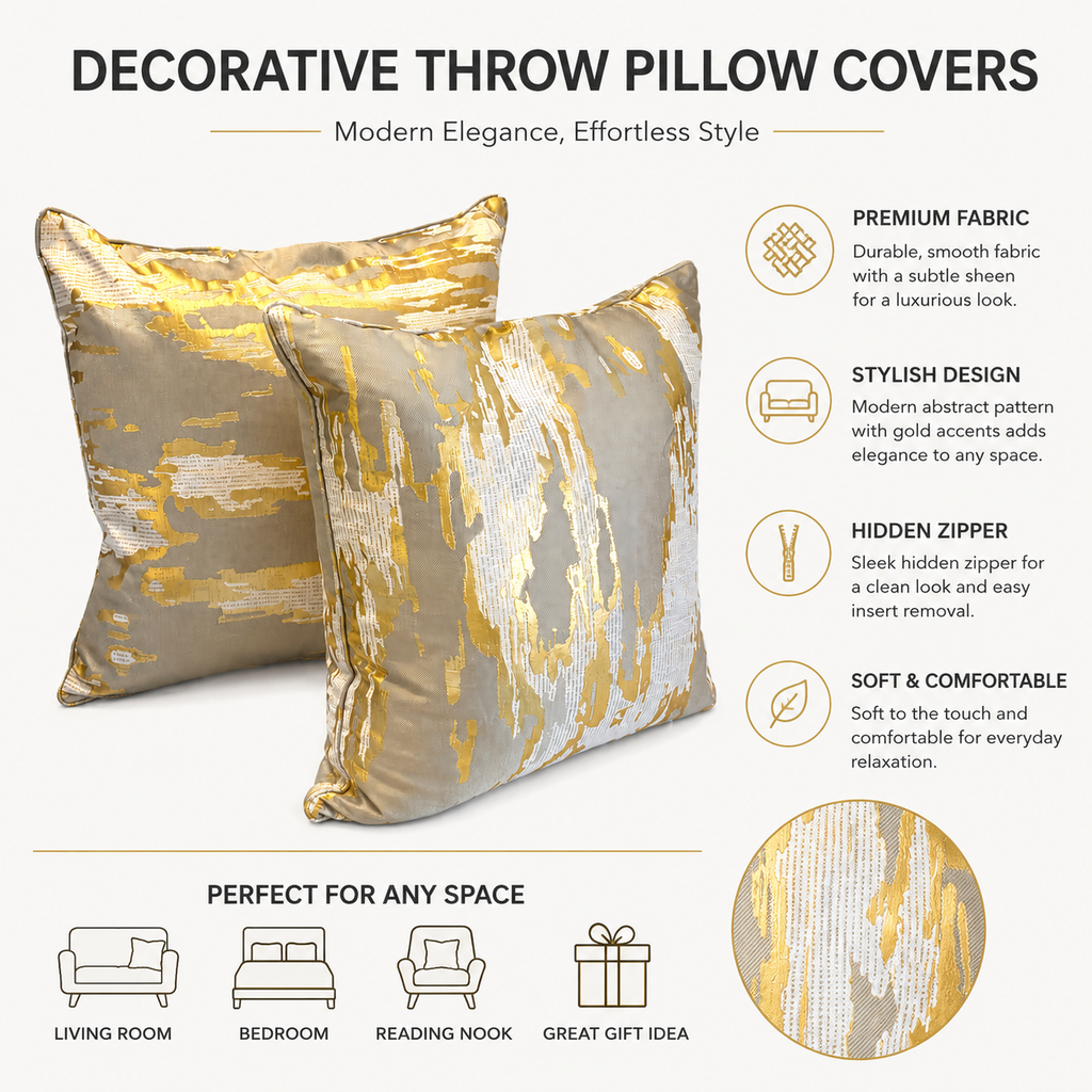 Set of 2 Luxury 24” x 24” Gold Abstract Decorative Throw Pillows