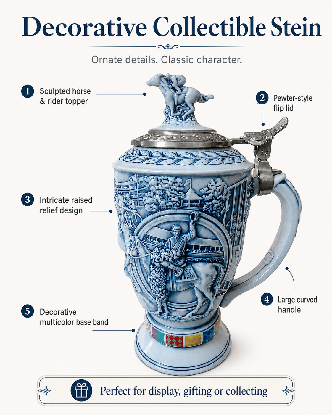 Vintage Blue & White Ceramic Beer Stein with Pewter-Style Lid & Horse Rider Topper