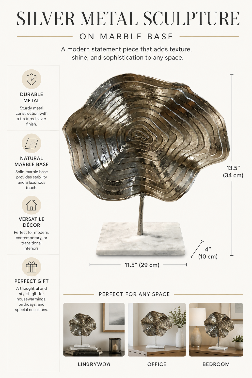 Modern Abstract Silver Metal Sculpture on Marble Base – Contemporary Tabletop Décor