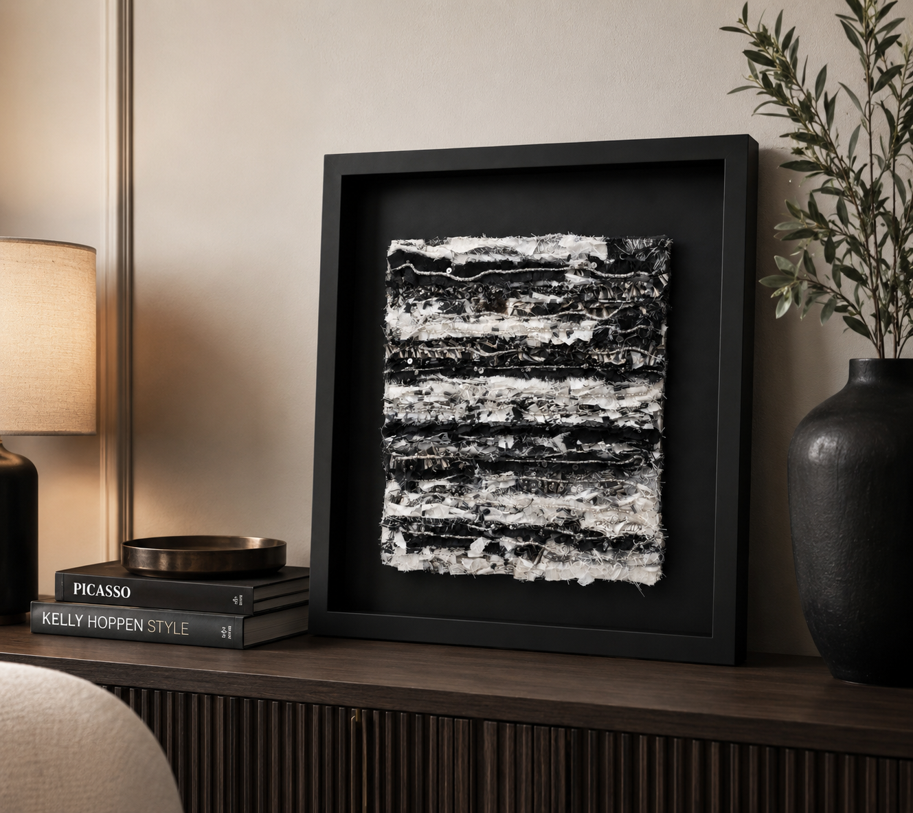 Framed Monochrome Mixed Media Textile Wall Art