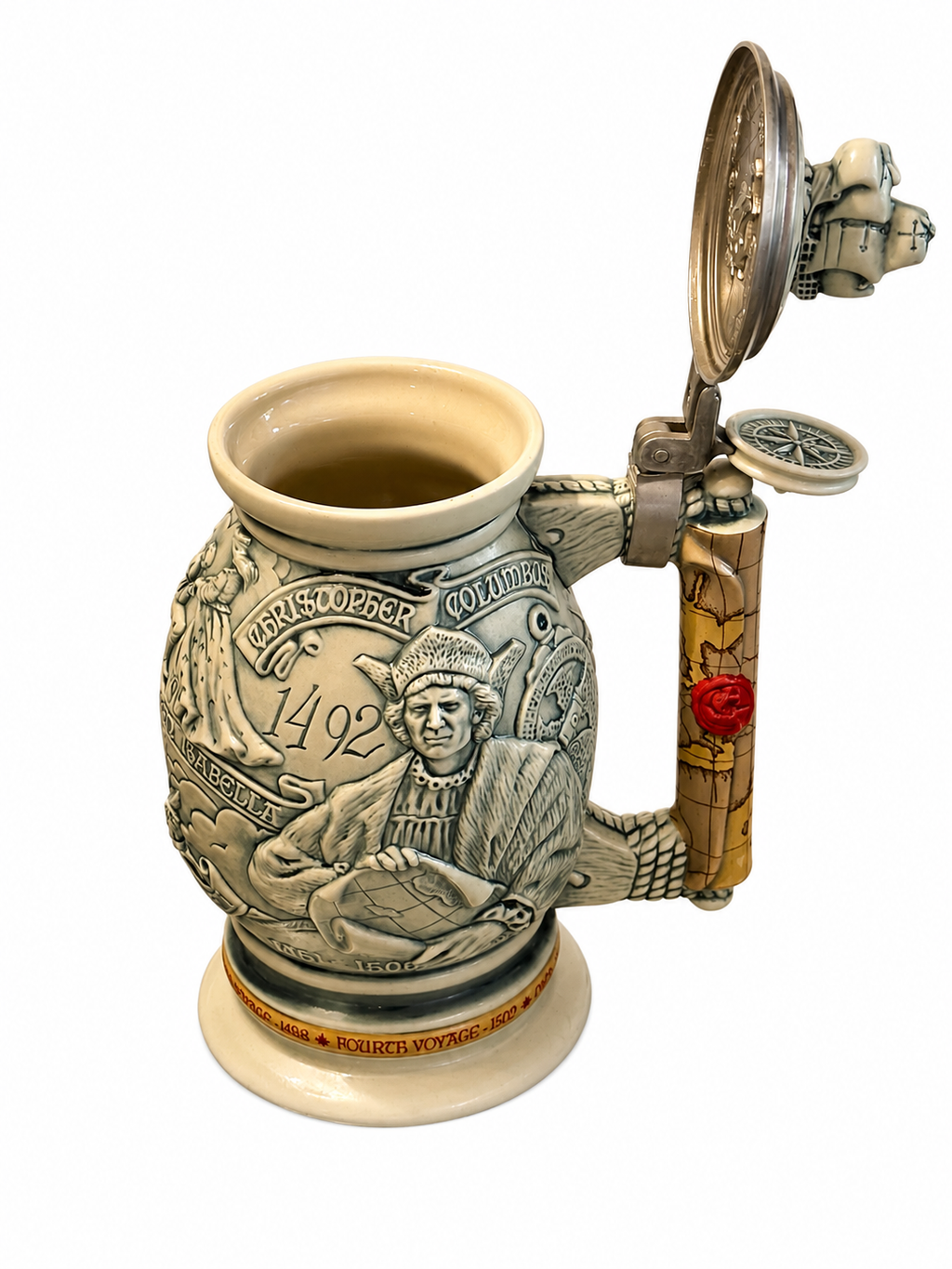 Vintage Christopher Columbus 1492 Commemorative Beer Stein with Pewter Lid