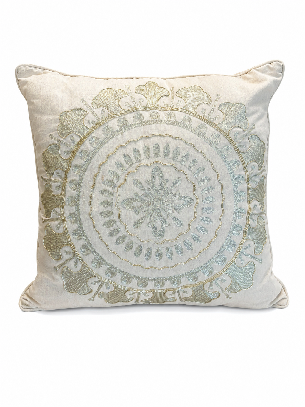 Set of 2 Embroidered Decorative Throw Pillows – Ivory & Sage Medallion Design