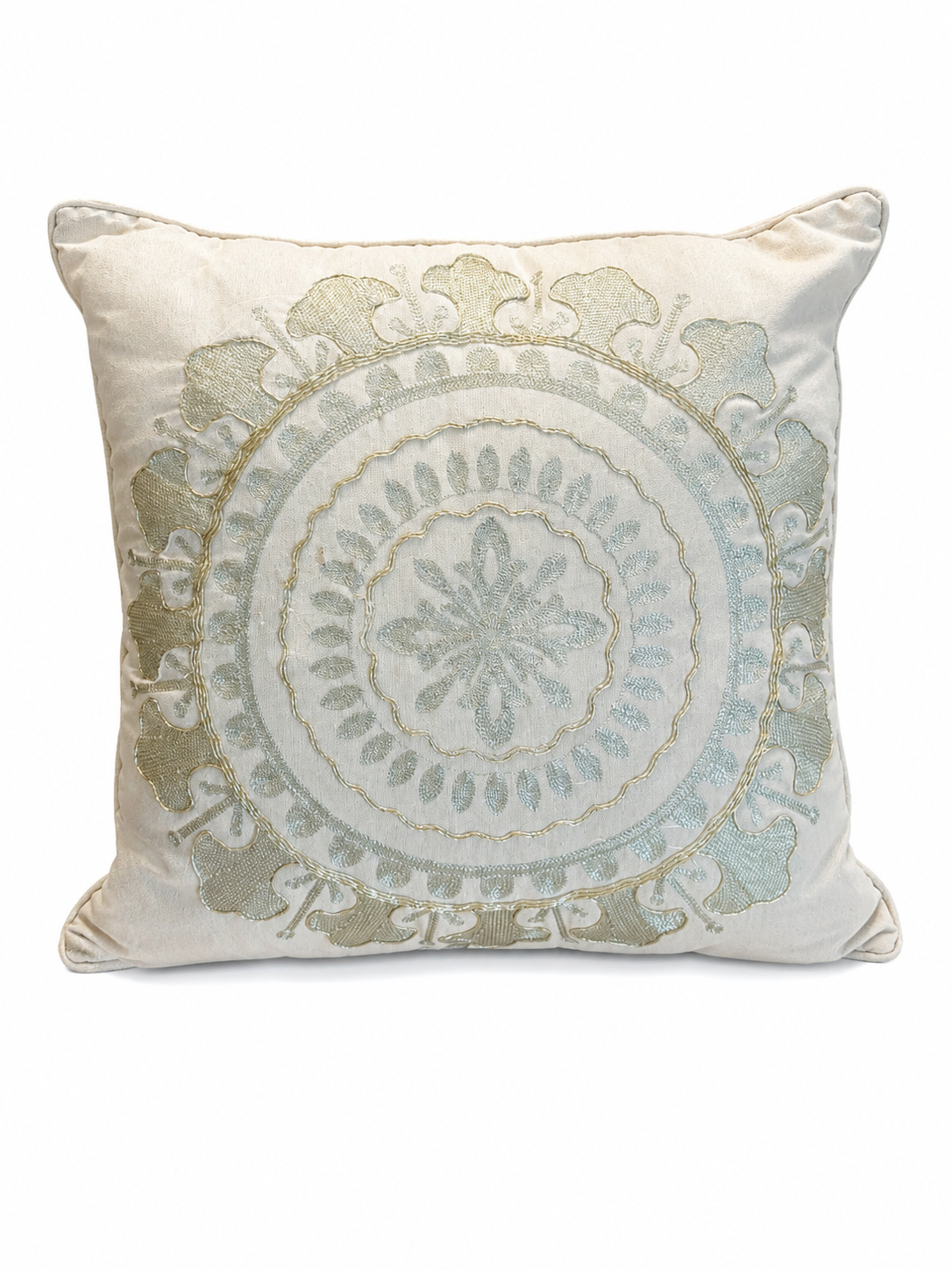 Set of 2 Embroidered Decorative Throw Pillows – Ivory & Sage Medallion Design