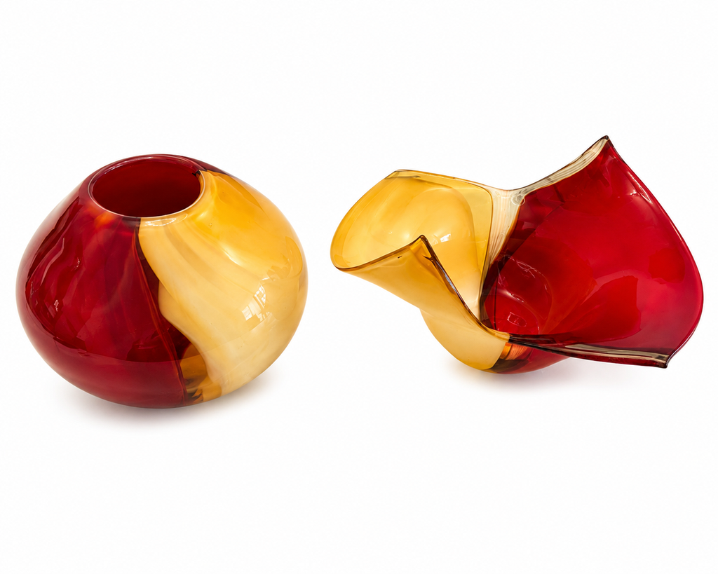 Sculptural Red & Amber Art Glass Vase & Bowl Set
