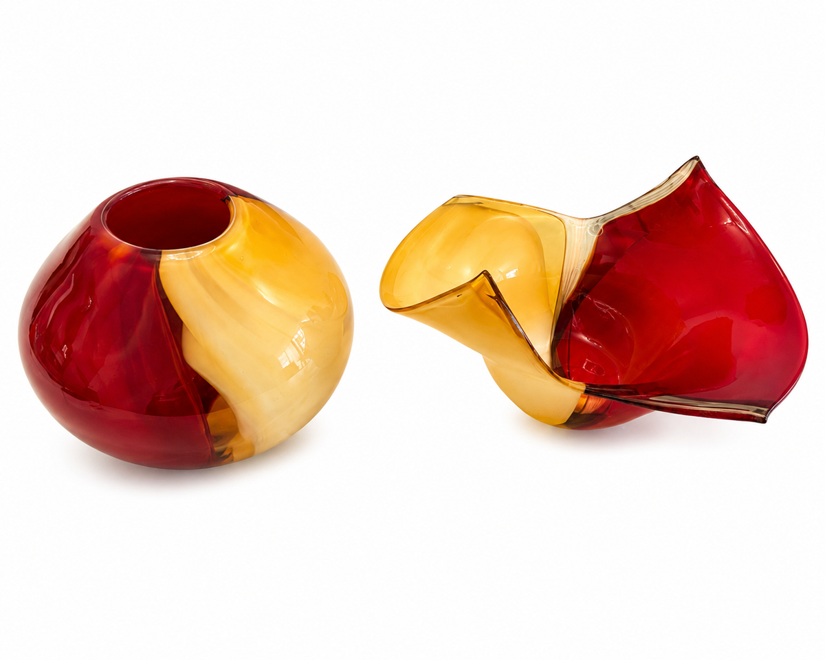 Sculptural Red & Amber Art Glass Vase & Bowl Set