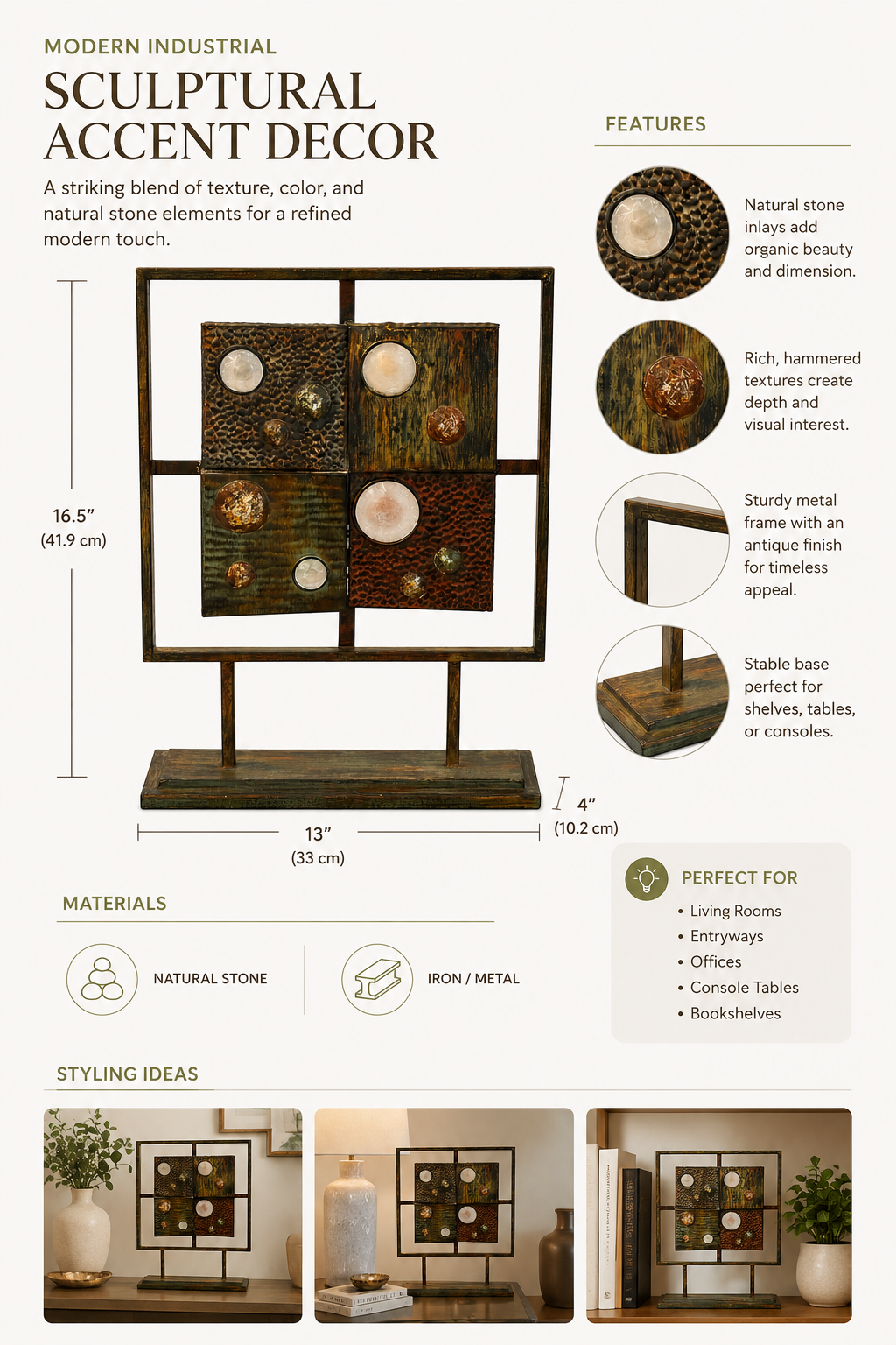 Modern Industrial Metal & Faux Stone Tabletop Sculpture