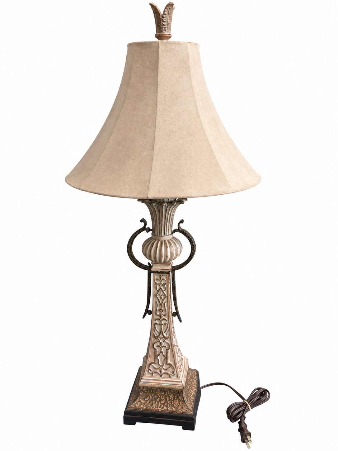 Ornate Antique-Style Bronze & Champagne Table Lamp with Fabric Bell Shade