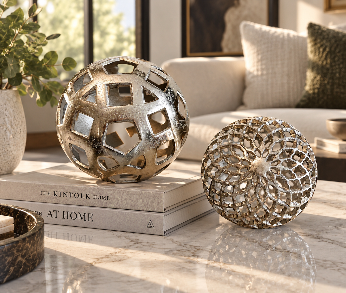 Set of 2 Silver Openwork Decorative Spheres