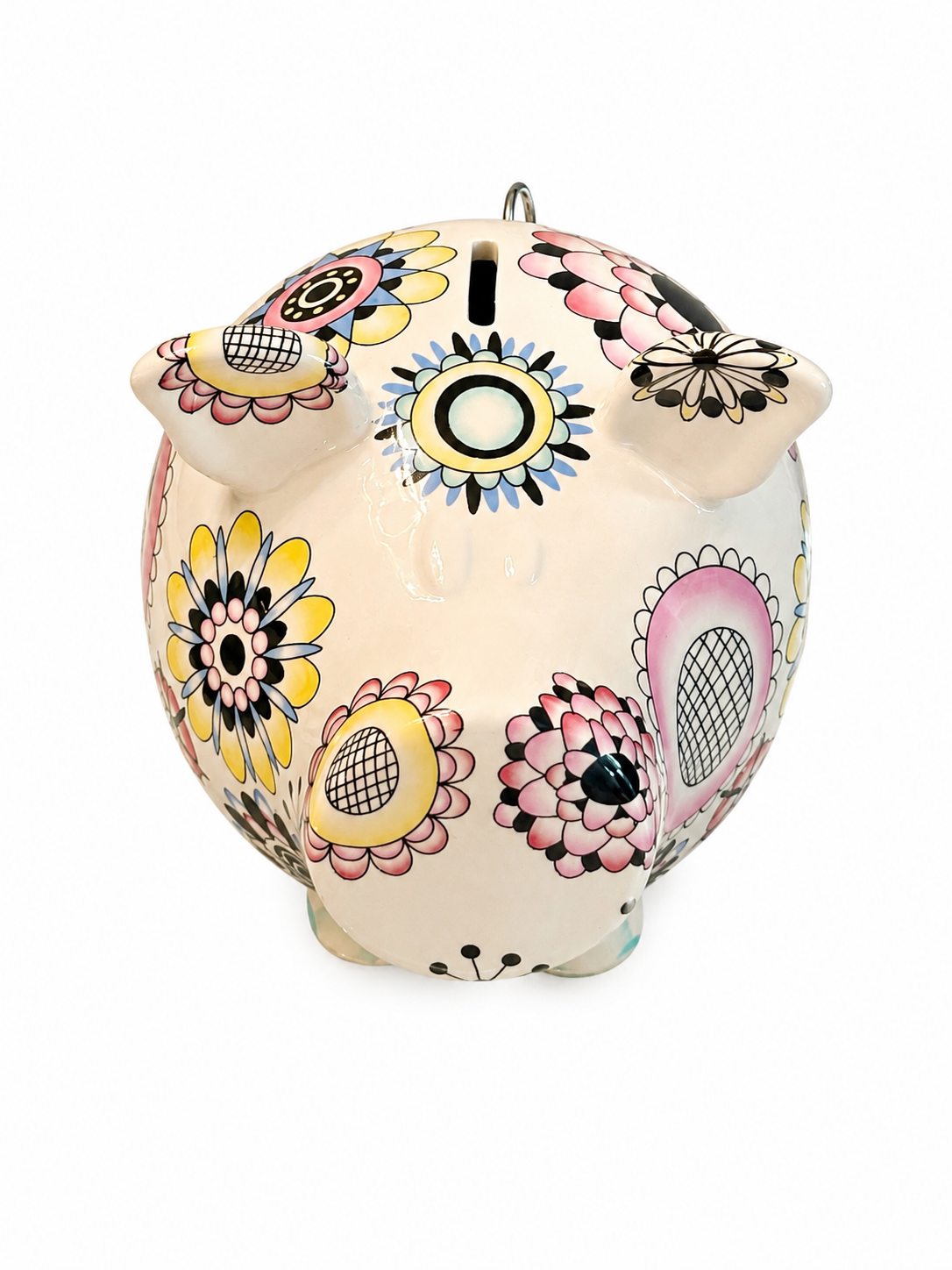 Vintage Style Hand-Painted Floral Ceramic Piggy Bank – Decorative Coin Bank with Metal Curly Tail