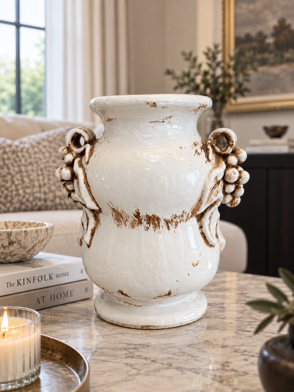 Vintage Distressed Ceramic Grape Relief Vase