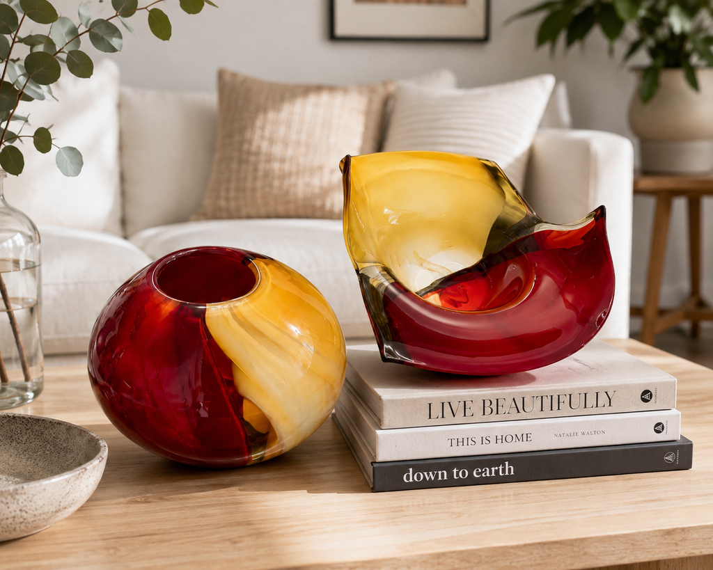 Sculptural Red & Amber Art Glass Vase & Bowl Set