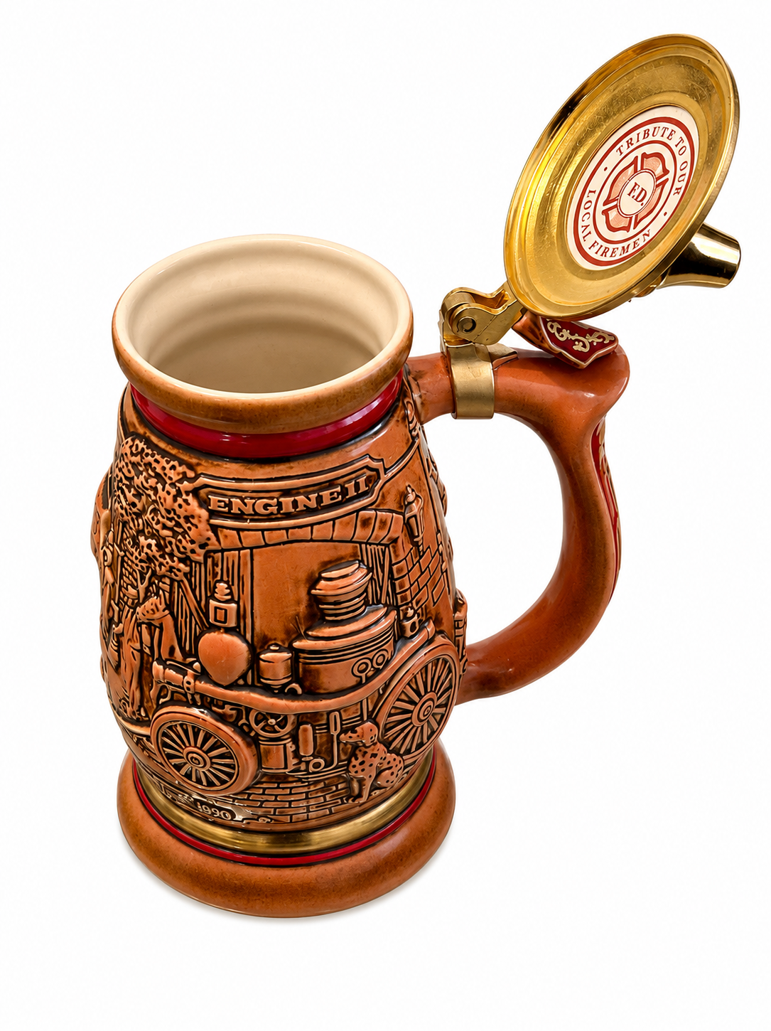 Vintage Avon 1990 Tribute to Firefighters Lidded Beer Stein – Handcrafted in Brazil