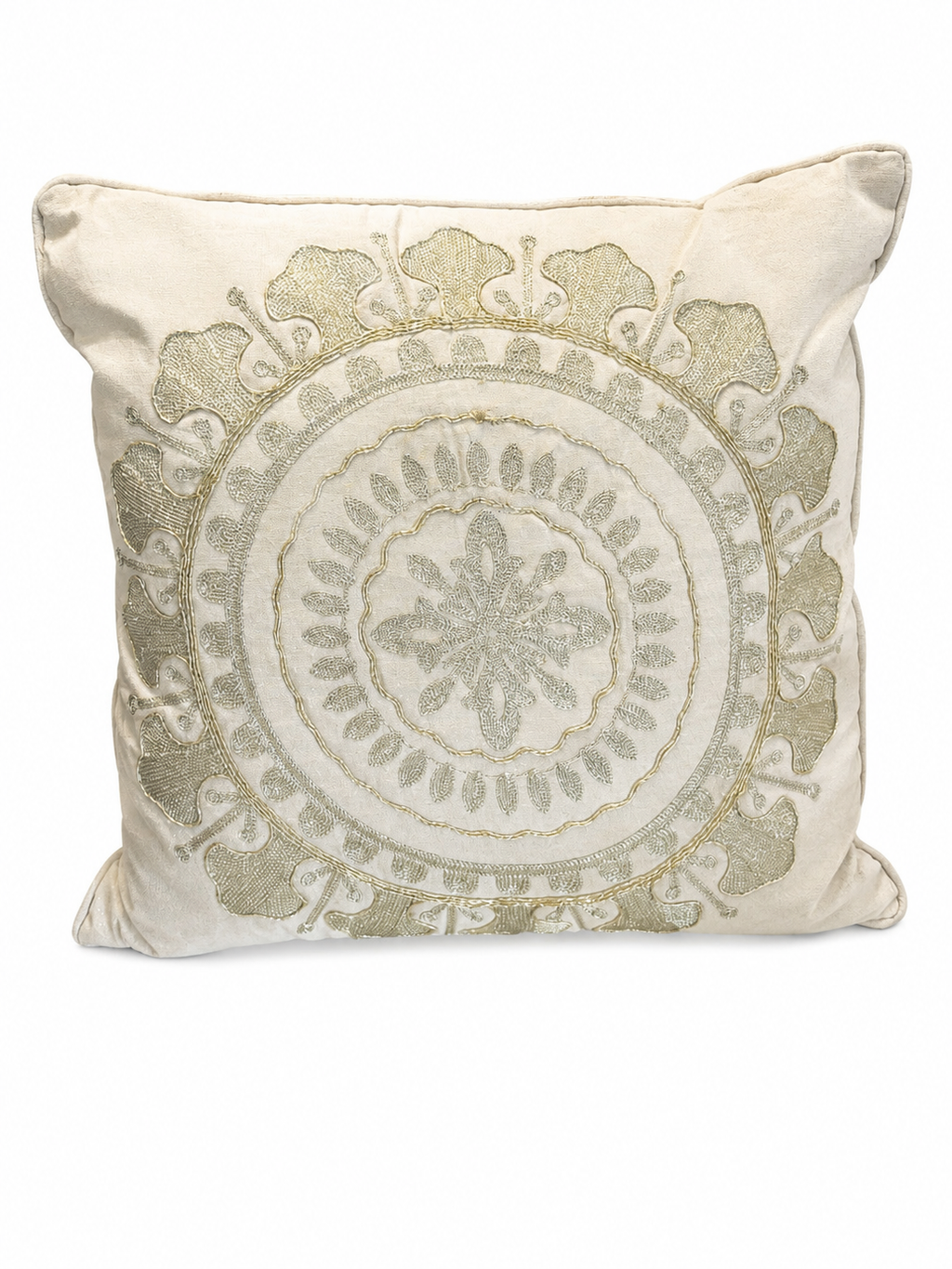 Set of 2 Embroidered Decorative Throw Pillows – Ivory & Sage Medallion Design