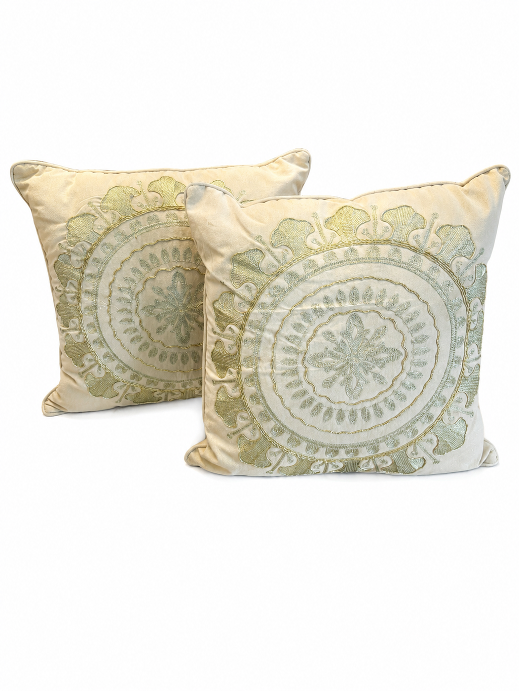 Set of 2 Embroidered Decorative Throw Pillows – Ivory & Sage Medallion Design