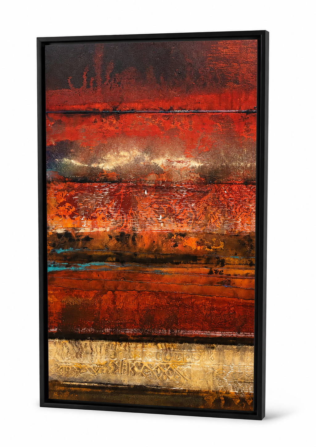 Large Framed Abstract Textured Wall Art – Red, Bronze & Gold – 26” × 50”