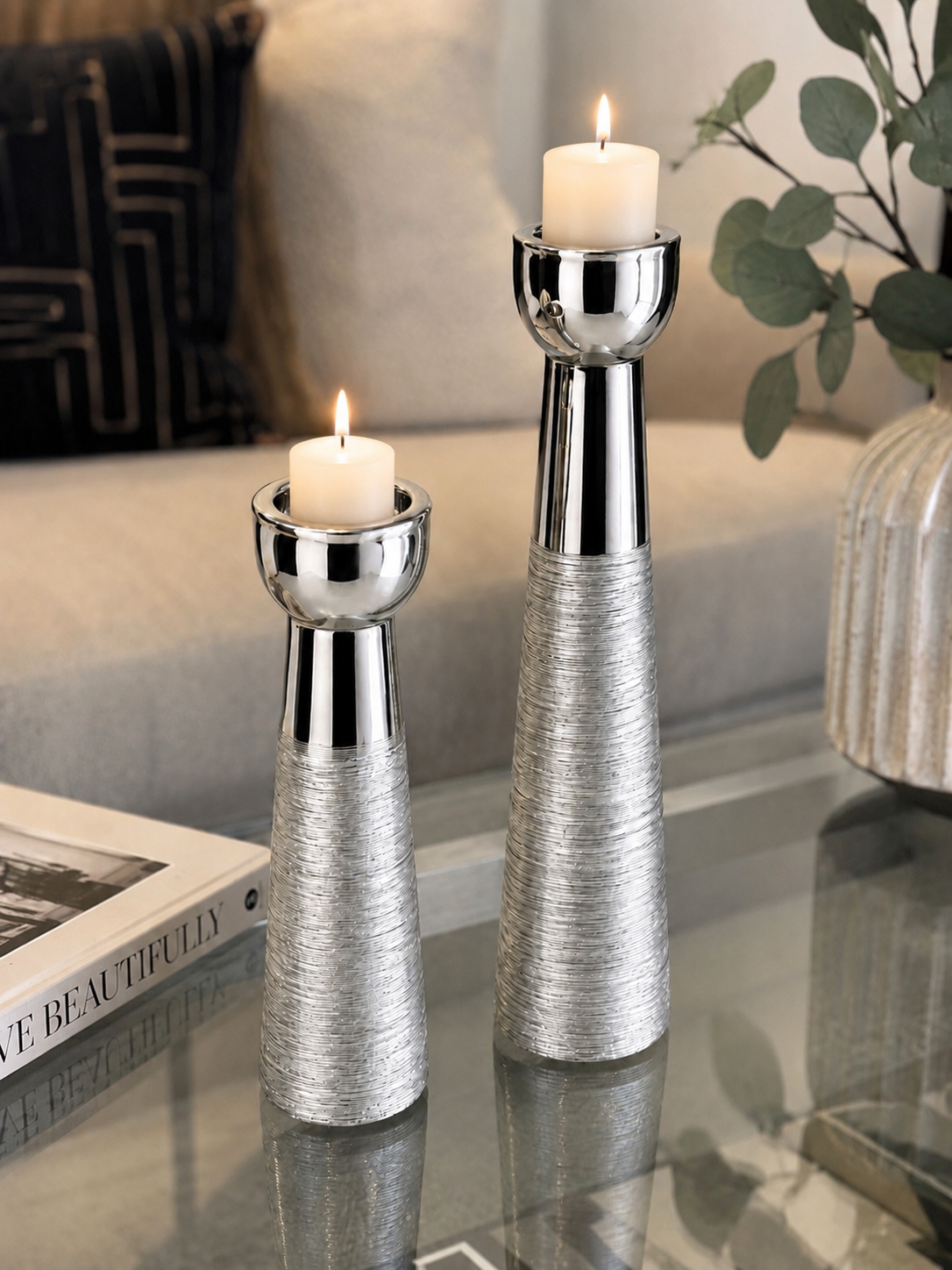 Modern Silver Metal Candle Holder Set (2-Piece) – Textured Contemporary Pillar Candle Holders