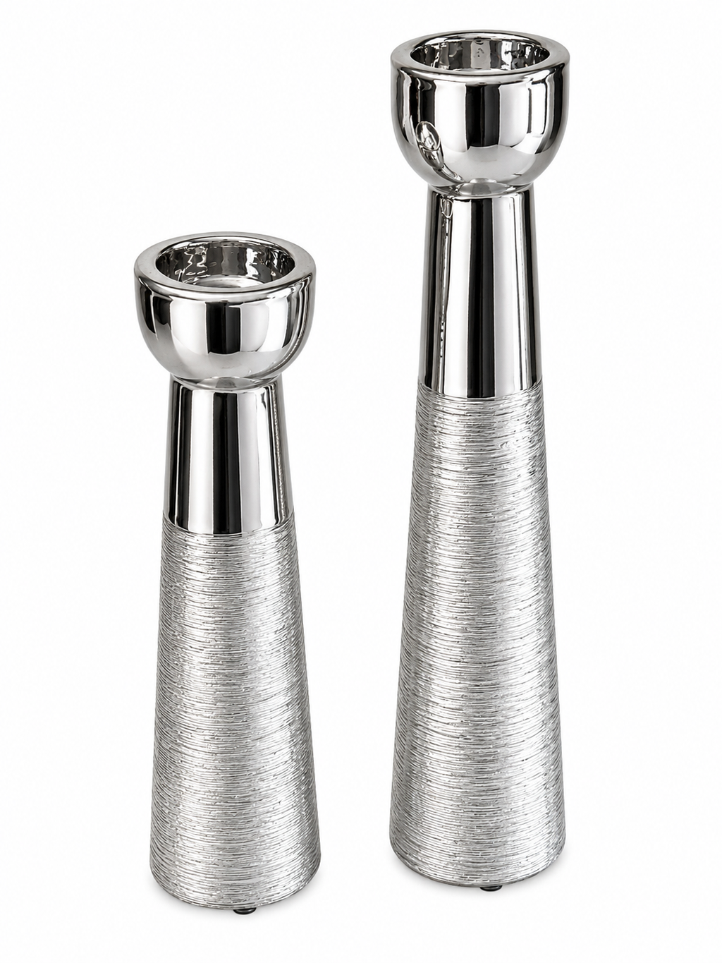 Modern Silver Metal Candle Holder Set (2-Piece) – Textured Contemporary Pillar Candle Holders