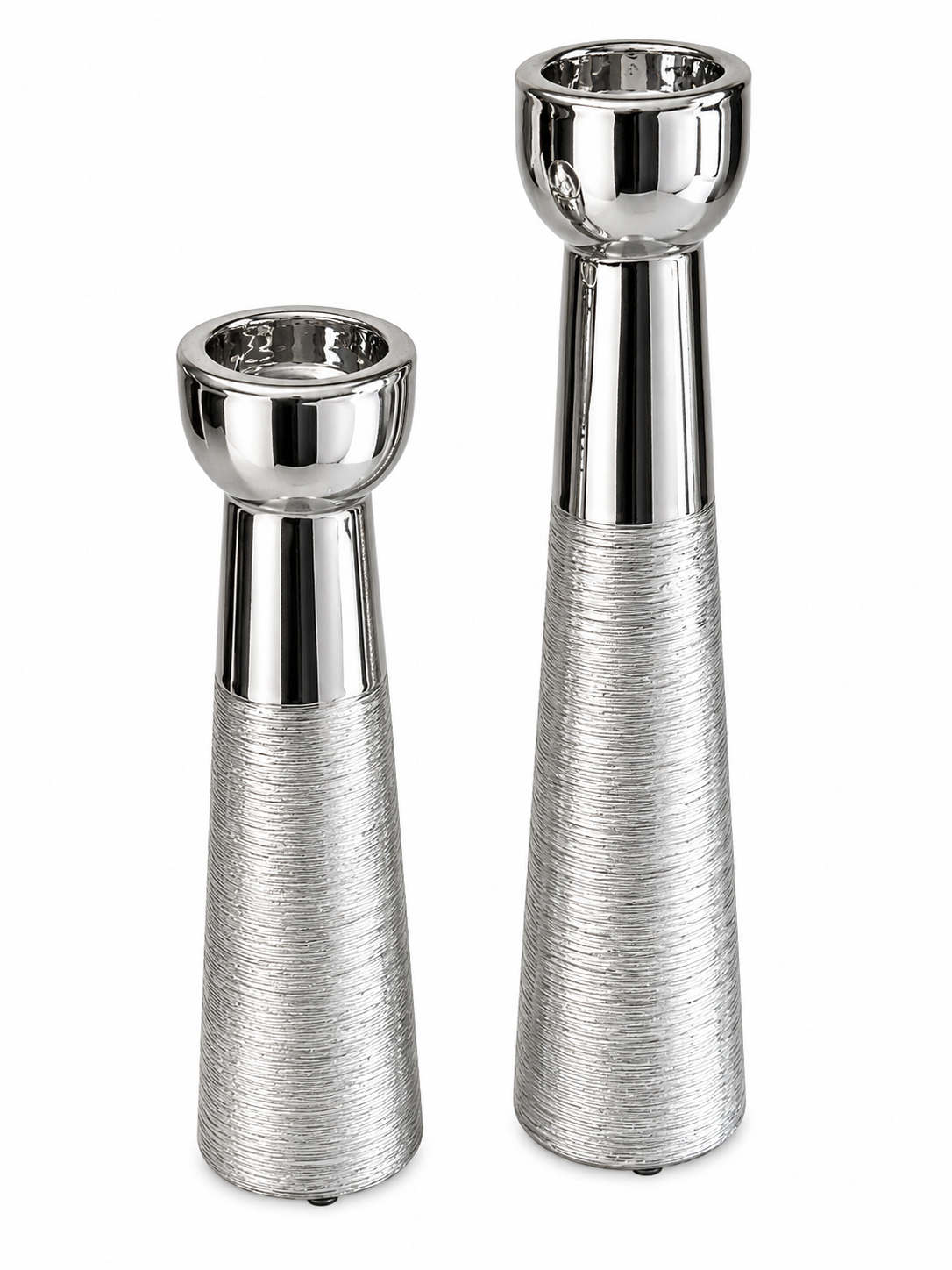 Modern Silver Metal Candle Holder Set (2-Piece) – Textured Contemporary Pillar Candle Holders
