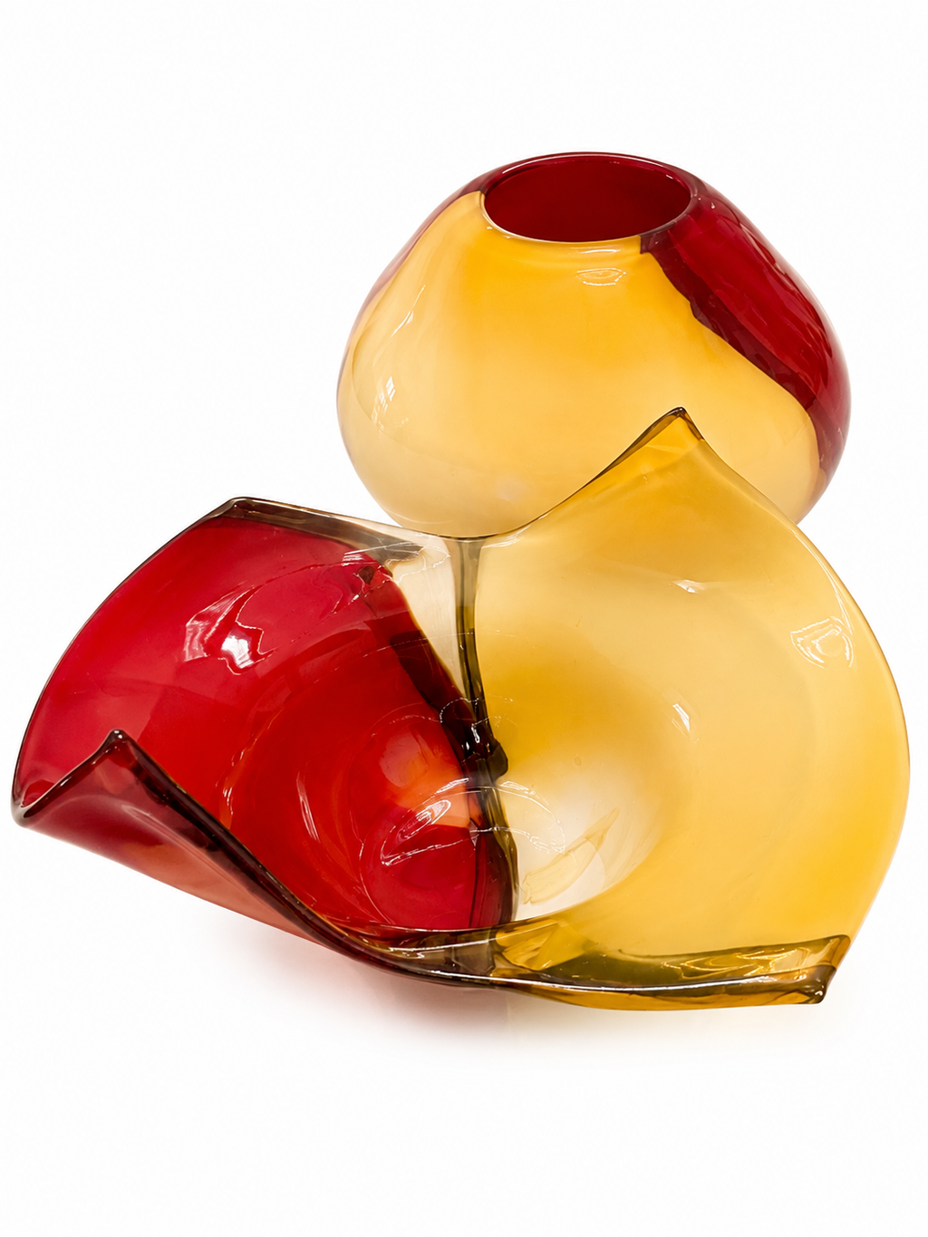 Sculptural Red & Amber Art Glass Vase & Bowl Set
